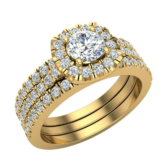 Round Cut Cushion Halo Ring Set w/ Enhancer Bands 1.33 Carat Total Weight in 14K Gold ( G , SI )
