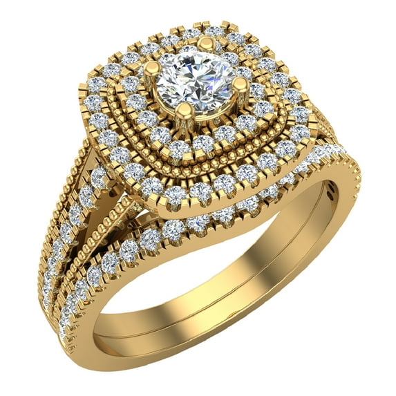 Round Cut Cushion Shape Double Halo Vintage Diamond Wedding Ring Set 0.80 Carat Total Weight 18K Gold ( G , SI )