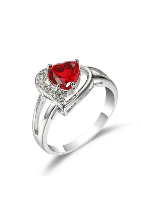 Round Cut Cut Red AAA Zirconia Love Heart Band Women's 925 Silver Ring Size 6-10