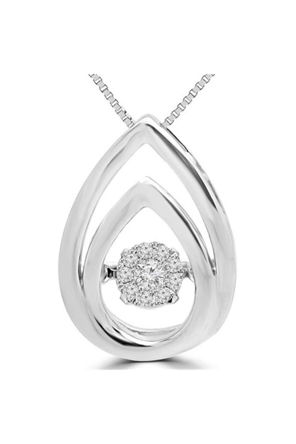 Round Cut Dancing Diamond Teardrop Pendant Necklace in 14K White Gold With Chain, 0.1 Carat