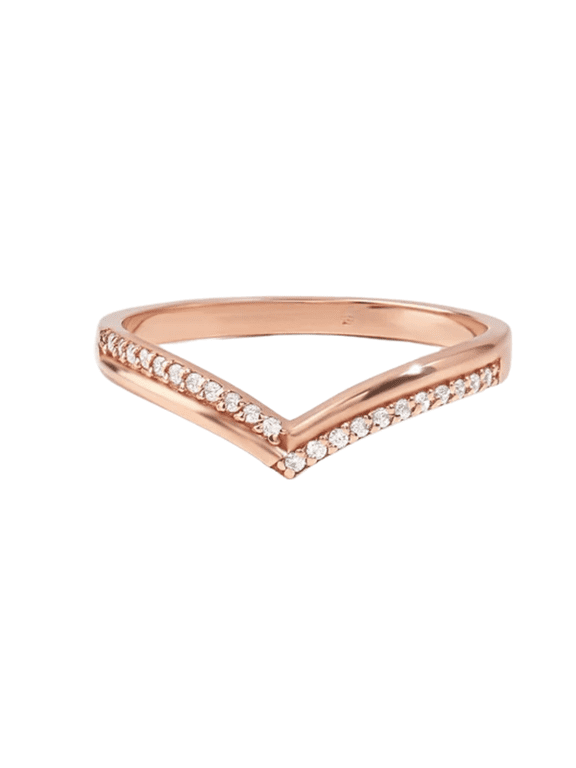 Round Cut Diamond Chevron Ring- V Shaped Rings for Women in 14K Yellow Gold Vermeil- Curved Wedding Band