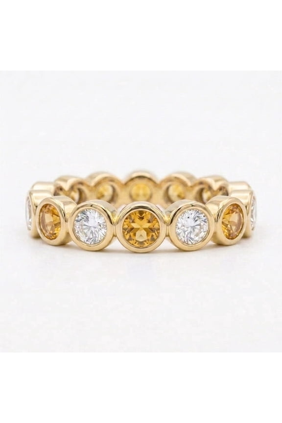 Round Cut Diamond & Citrine Gemstone Ring, 925 Sterling Silver Yellow Gold Plated Bezel Band Ring, November Birthstone Minimalist Ring