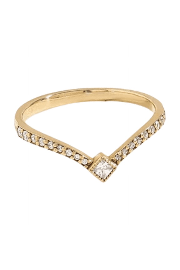 Round Cut Diamond Curved Wedding Ring- V Shaped Ring in 14K Yellow Gold Finish- Dainty Diamond Ring