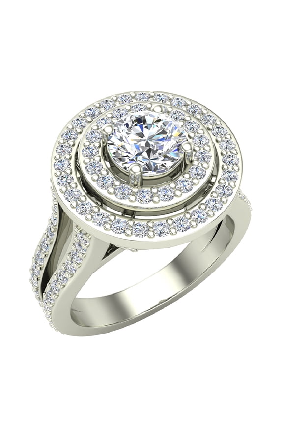 Round Cut Diamond Double Halo Split Shank Engagement Ring 1.80 CT TW 18K White Gold (G,SI1)