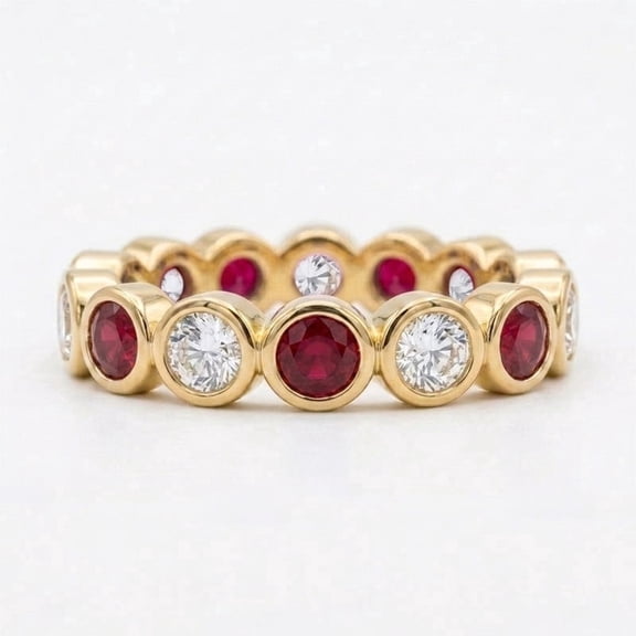 Round Cut Diamond & Red Ruby Ring, Yellow Gold Plated 925 Sterling Silver Band Trendy Handmade Ring, July Birthstone Bezel Ring, Gift for Her