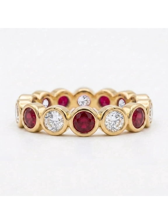 Round Cut Diamond & Red Ruby Ring, Yellow Gold Plated 925 Sterling Silver Band Trendy Handmade Ring, July Birthstone Bezel Ring, Gift for Her