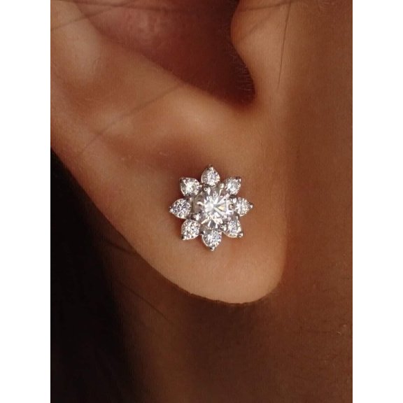 Sparkle Jewels Round Cut Cubic Zirconia Stud Flower Earrings For Women 925 Sterling Silver