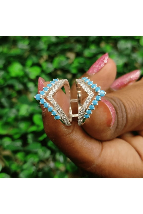 Round Cut Diamond & Turquoise Ring Enhancer in 925 Sterling Silver Wedding Ring Guard