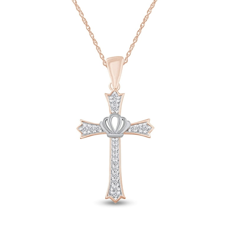 Round Cut Diamond Two Tone Studded Cross With Crown Pendant