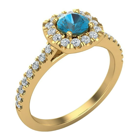 Round-Cut Engagement Ring Blue Diamond Cushion Halo 14K Gold 0.75 Carat