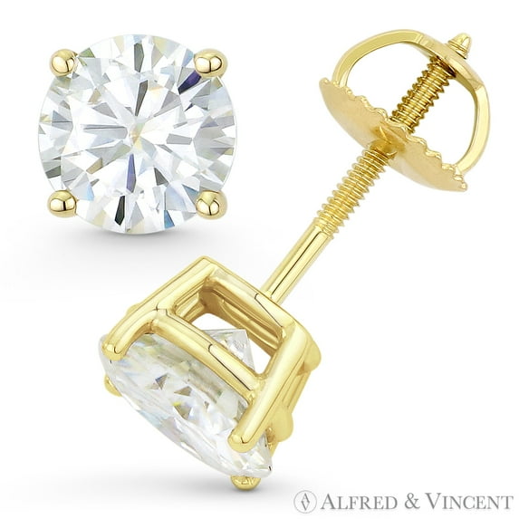 Round Cut Forever Brilliant 4-Prong Basket Screwback Stud Earrings in 14k Yellow Gold