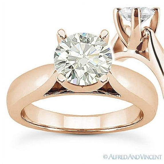 Round Cut Forever Brilliant Moissanite Cathedral Solitaire Engagement Ring in 14k Rose Gold