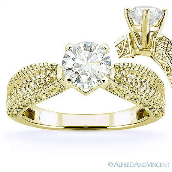 Round Cut Forever ONE D-E-F Moissanite Antique-Style Solitaire Engagement Ring in 14k Yellow Gold