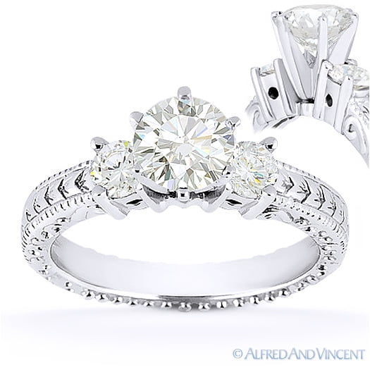 Round Cut Forever ONE D-E-F Moissanite Antique-Style Three-Stone Engagement Ring in 14k White Gold