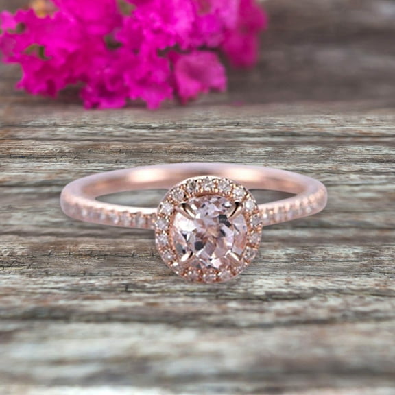 Round Cut Gem Stone Pink Morganite Engagement Ring On10k Rose Gold Wedding Ring Art Deco Personalized for Brides