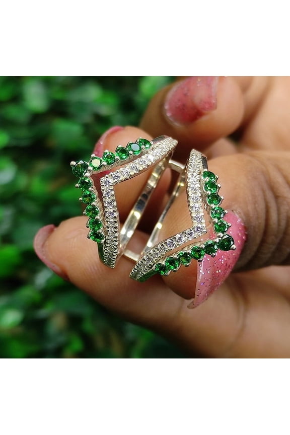 Round Cut Green Emerald & Diamond Wedding Ring Enhancer - 925 Sterling Silver - Gift For mum