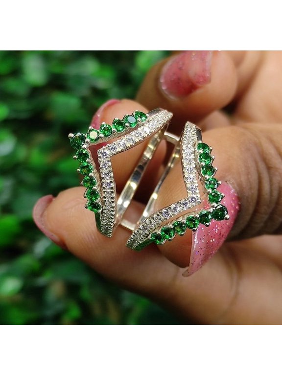 Round Cut Green Emerald & Diamond Wedding Ring Enhancer - 925 Sterling Silver - Gift For mum