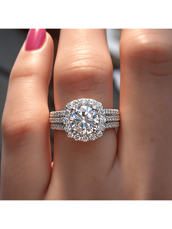 Round Cut Halo Eternity Wedding Band Engagement Ring for Women's 925 Sterling Silver Plated Crystal Promise Cocktail Rings CZ Multi Row Diamond Ring Jewelry Gift for Women Size 6-10(7#)