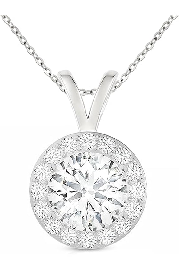 14K Solid White Gold Lab Grown Moissanite Halo Pendant Necklace | Round Cut 5.0mm (0.50 CTW) | Double Loop Bail | 16-18" Adjustable Cable Chain | Luxury Gift for Women | by Jewelaura