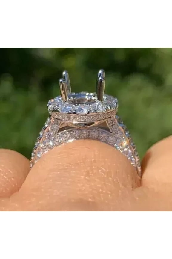 Round Cut Lab Created Diamond Semi Mount Ring 14K White Gold Plated Silver