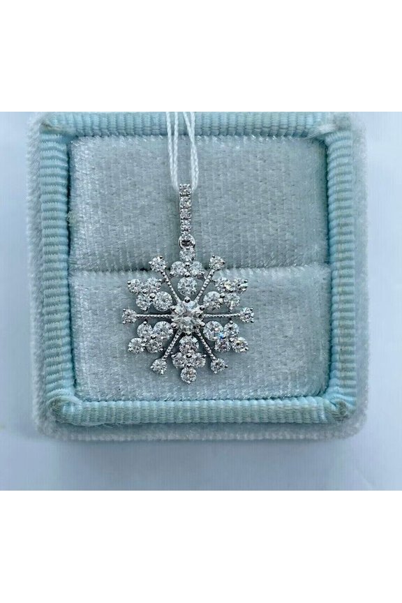 Round Cut Lab Created Diamond Snowflake Shape Pendant Chain 14k White Gold Plated
