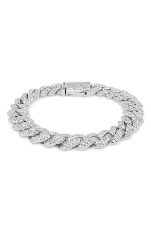 Round Cut Lab Created Moissanite Diamond 14MM Width Cuban Chain Bracelet In 14k White Gold Over Sterling Silver Jewelry For Men (G-H Color, VVS1 Clarity, 10.00 Ct) 8.5" Long