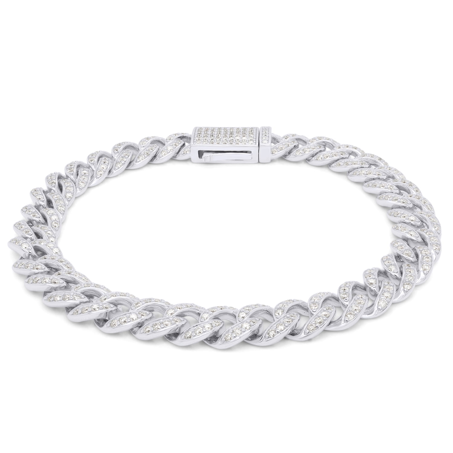 Round Cut Lab Created Moissanite Diamond 8MM Width Cuban Chain Bracelet In 14K White Gold Over Sterling Silver Jewelry For Men(G-H Color,VVS1 Clarity,4.00 Ct)-8.5 Inch