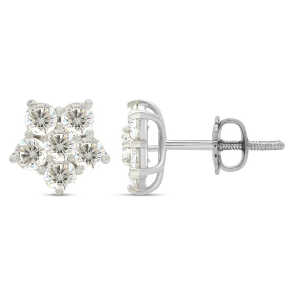 AFFY 1 Carat Round Moissanite Diamond Flower Cluster Stud Earrings for Women 14K White Gold over Silver