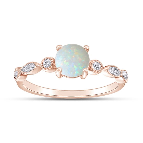 Round Cut Lab Created Opal And 0.11 (Cttw) White Natural Diamond Vintage Style Engagement Ring In 10k Solid Rose Gold Ring Size-6.5