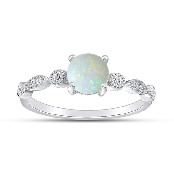 Round Cut Lab Created Opal And 0.11 (Cttw) White Natural Diamond Vintage Style Engagement Ring In 10k Solid White Gold Ring Size-9