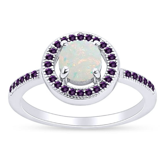 Round Cut Lab Created Opal And Simulated Amethyst Solitaire Design, Halo Engagement Ring In 14k White Gold Over Sterling Silver