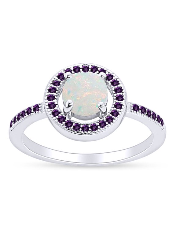 Round Cut Lab Created Opal And Simulated Amethyst Solitaire Design, Halo Engagement Ring In 14k White Gold Over Sterling Silver