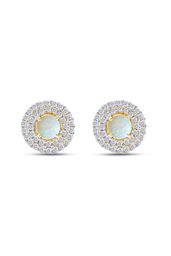 Round Cut Lab Created Opal And Simulated White Sapphire Halo Double Frame Stud Earrings In 14k Yellow Gold Over Sterling Silver Jewelry For Women