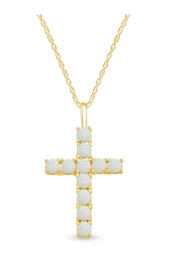 Round Cut Lab Created Opal Gemstone Christian Cross Pendant Necklace In 14k Yellow Gold Plated 925 Sterling Silver With 18" Chain