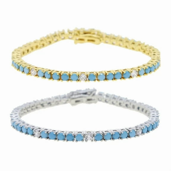 Round-Cut Lab-Created Turquoise & Moissanite Prong-Setting Tennis Bracelet in 925 Sterling Silver – Elegant and Stylish for Women