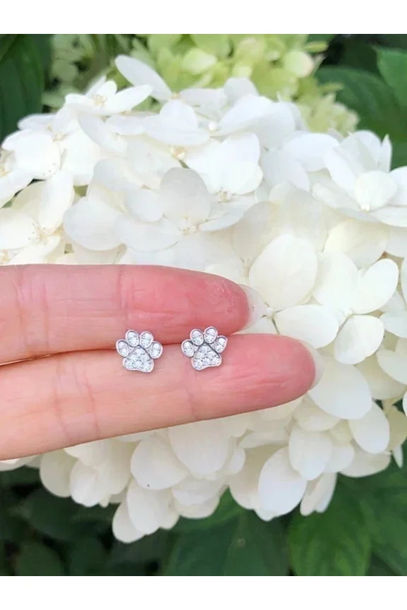 925 Sterling Silver Paw Stud Earrings Small Lab Created Diamond Tiny Studs 8mm