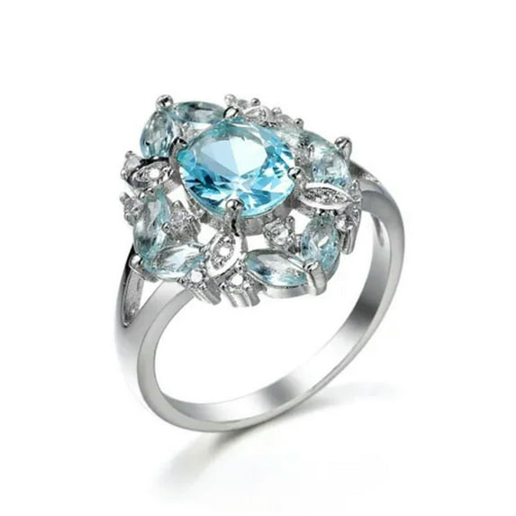 Round Cut Light Aquamarine Blue CZ Band 925 Silver Womens Wedding Ring Size 6-10
