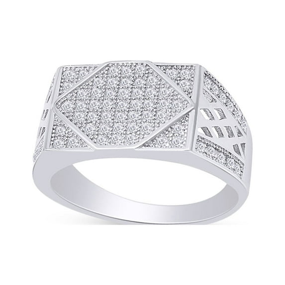 Round Cut Micro Pave Sparkling White Cubic Zirconia Men's Cluster Engagement Wedding Ring In 14k White Gold Over Sterling Silver Ring Size-12