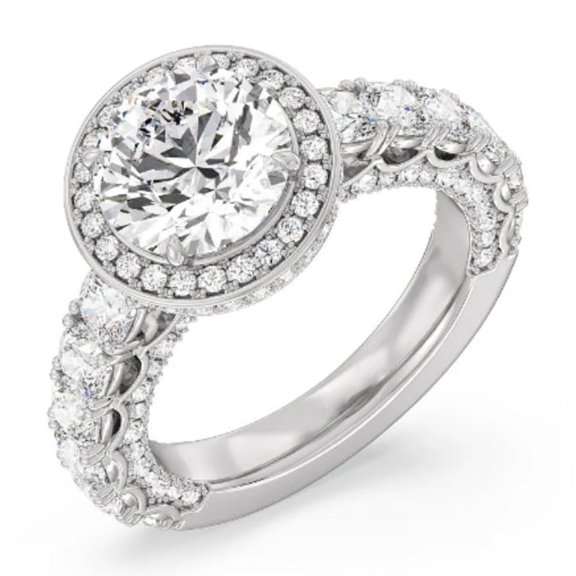 Round Cut Halo Engagement Ring, Solitaire With Accents Wedding Ring, Luxurious Partywear Ring, 2.5 Ct Simulated Diamond, 14K White Gold Plated