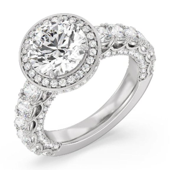 Round Cut Moissanite Ring, Halo Diamond Engagement Ring, Solitaire With Accents Diamond Wedding Ring, Luxurious Partywear Diamond Ring, 2.5 Ct Moissanite, 925 Sterling Silver