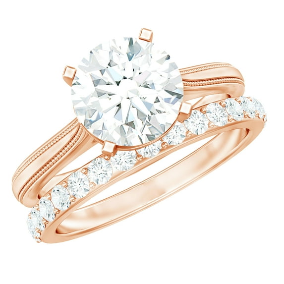 Rosec Jewels Round Cut Moissanite Solitaire Engagement Ring Set with Band - 8 mm - D-VS1 Grade, 14K Rose Gold, US 7.00