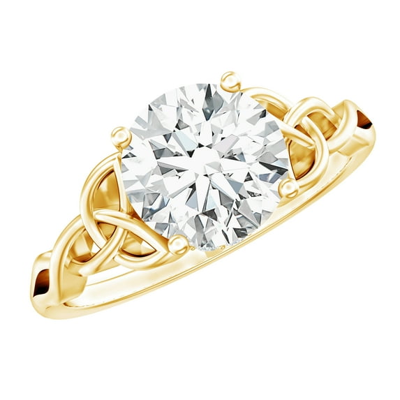 Rosec Jewels Round Moissanite Solitaire Engagement Ring for Women - 2 Carat - 8 mm - Celtic Knot Ring - D-VS1 Grade Certified, 10K Yellow Gold, US 5.00