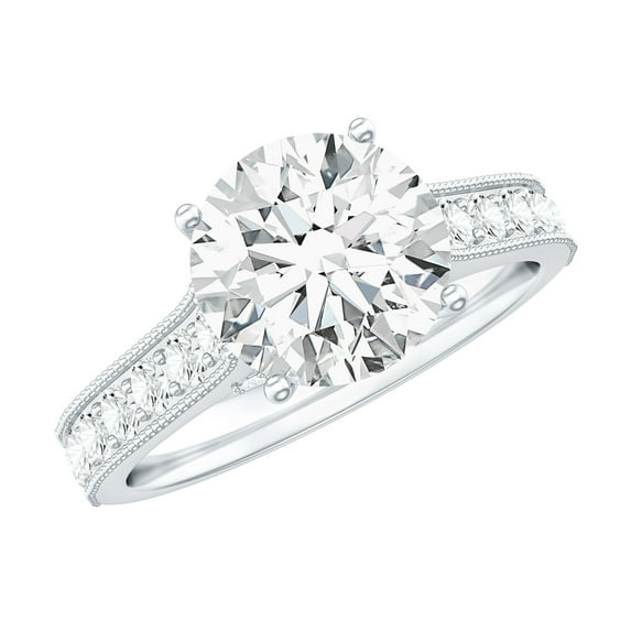 Rosec Jewels Round Cut Moissanite Solitaire Ring with Side Stones - 8 mm Round - 2 Ct - D-VS1 Grade, 14K White Gold, US 4.50