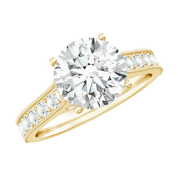 Rosec Jewels Round Cut Moissanite Solitaire Ring with Side Stones - 8 mm Round - 2 Ct - D-VS1 Grade, 14K Yellow Gold, US 8.00