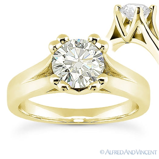 Round Cut Moissanite by Charles & Colvard Cathedral Solitaire Engagement Ring in 14k Yellow Gold