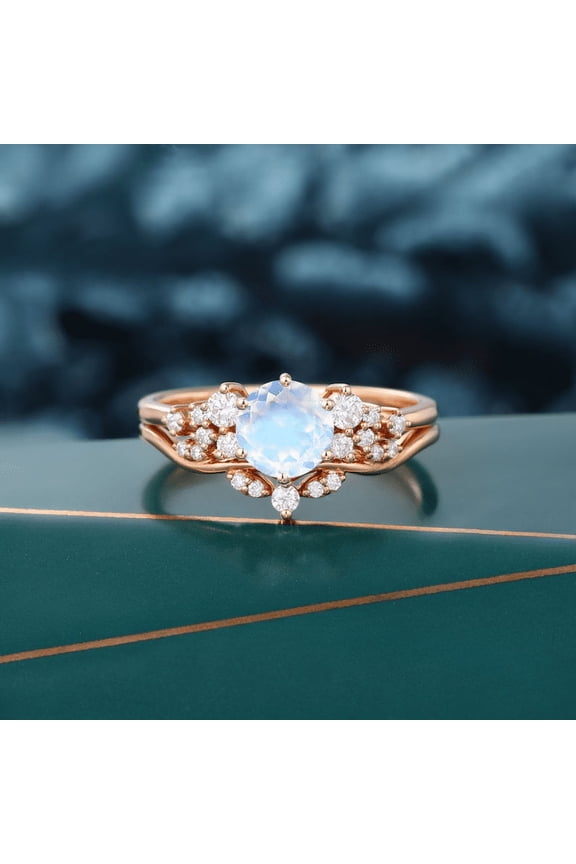 Round Cut Moonstone & White Diamond Ring Set in 14K Rose Gold Vermeil- Promise Ring- June Birthstone
