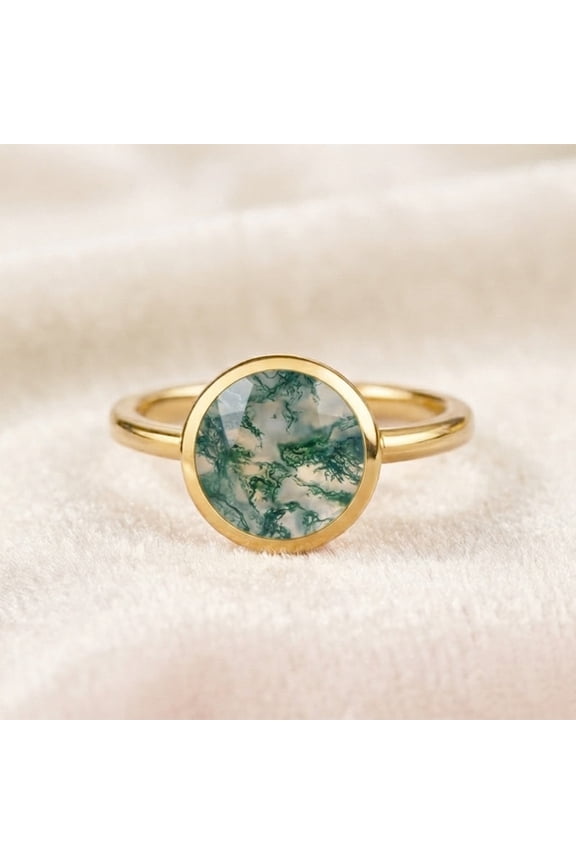 Round Cut Moss Agate Bezel Ring, 925 Sterling Silver Yellow Gold Plated Proposal Band Ring, May Birthstone Trendy Jewelry, Handmade Jewelry Gift For Her