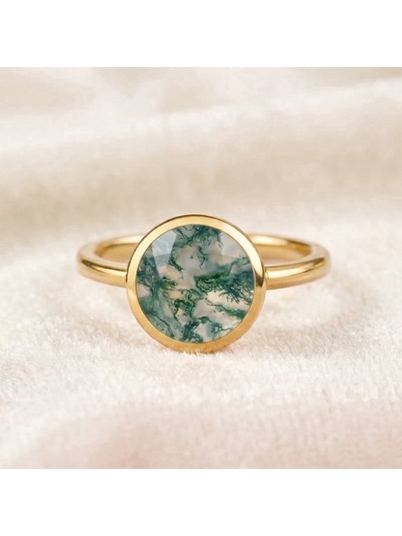 Round Cut Moss Agate Bezel Ring, 925 Sterling Silver Yellow Gold Plated Proposal Band Ring May Birthstone Trendy Jewelry Handmade Jewelry Gift for Her
