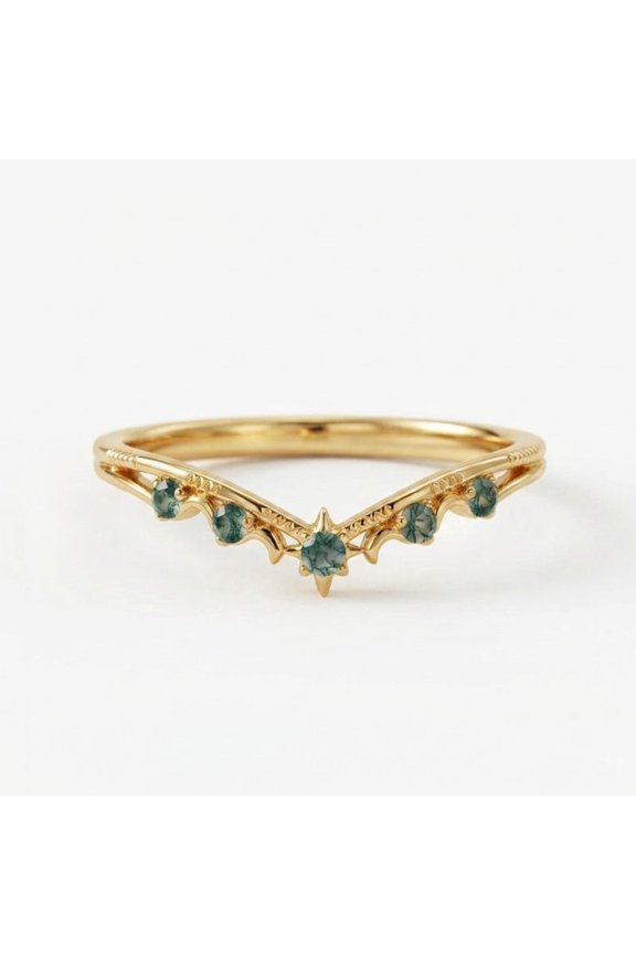 Round Cut Moss Agate V Shaped Curved Chevron Ring, 925 Sterling Silver Gold Plated Pretty Ring, Vintage Inspired Trendy Handmade Jewelry, Gift for Her
