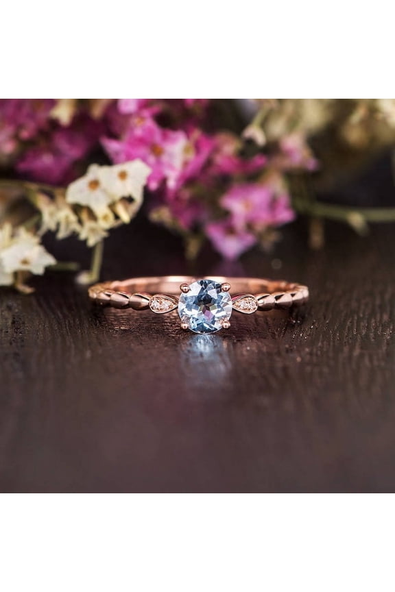 Round Cut Blue Aquamarine Engagement Ring, 1.55 ct, Solid Silver, Rose Gold-Plated